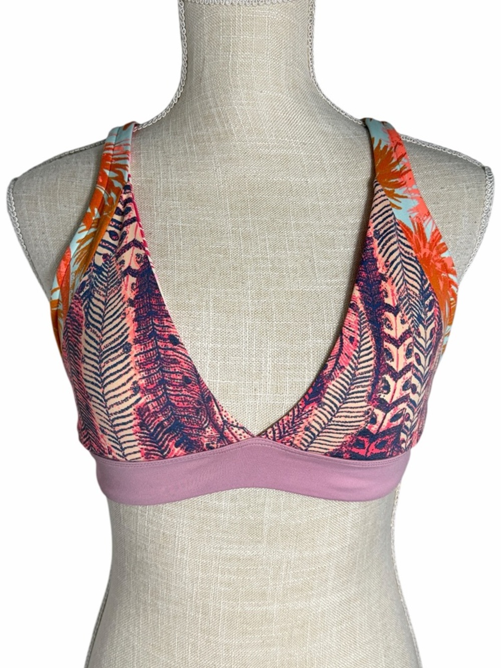 Maaji Pink & Orange Palm Print Lace Up Back Bikini Top